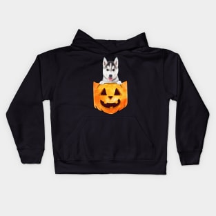Husky Dog In Pumpkin Pocket Halloween Kids Hoodie
